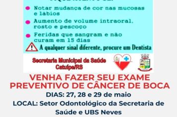 MAIO VERMELHO: SECRETARIA DE SAÚDE OFERECE EXAME PREVENTIVO DE CÂNCER DE BOCA