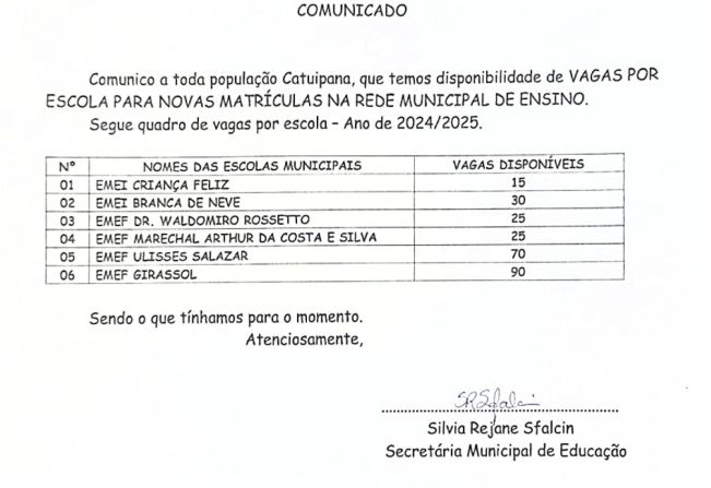 VAGAS POR ESCOLA PARA NOVAS MATRICULAS NA REDE MUNICIPAL DE ENSINO