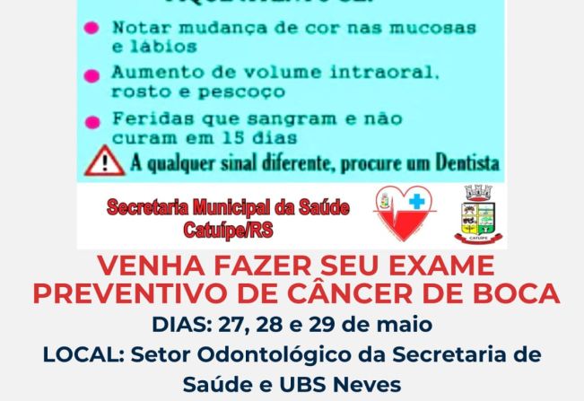 MAIO VERMELHO: SECRETARIA DE SAÚDE OFERECE EXAME PREVENTIVO DE CÂNCER DE BOCA